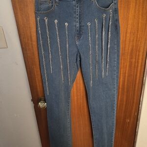 SHEIN Blue Skinny Jeans with Silver Chain Detail